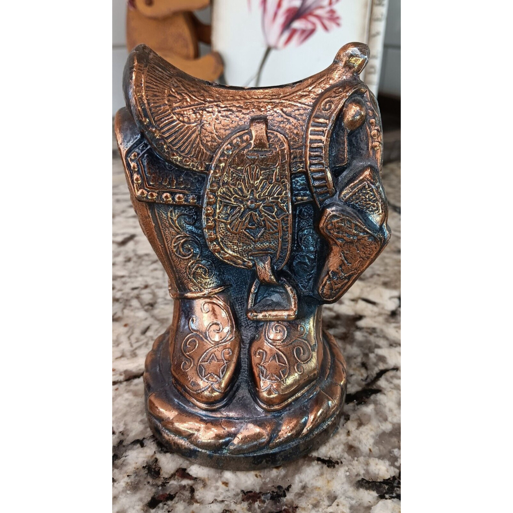 Vintage Cowboy Boots & Saddle Metal Piggy Bank. Copper Finish. Gorgeous